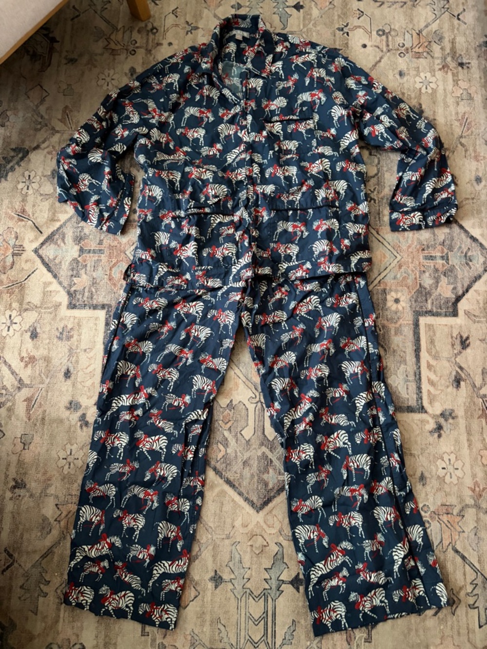 J. Crew Navy Zebra-Print Pajama Set with White and Red Accents